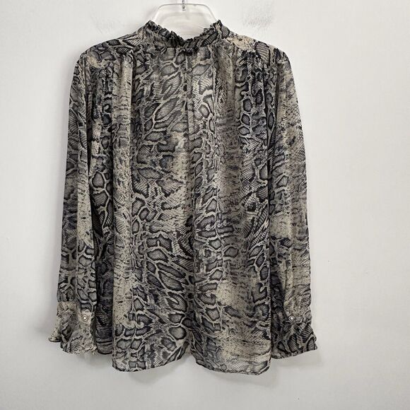 Zara Snake Print Blouse XS Sheer Chiffon V Neck Bling Cuff Button Work Sexy Top - Picture 13 of 14